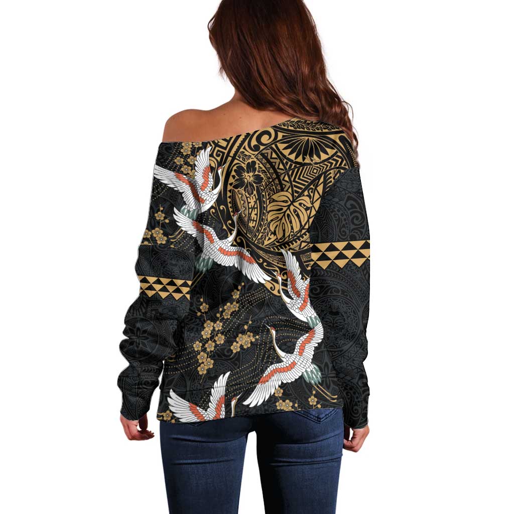 Hawaii and Japanese Together Off Shoulder Sweater Cranes Birds with Kakau Pattern