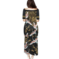 Hawaii and Japanese Together Puletasi Cranes Birds with Kakau Pattern