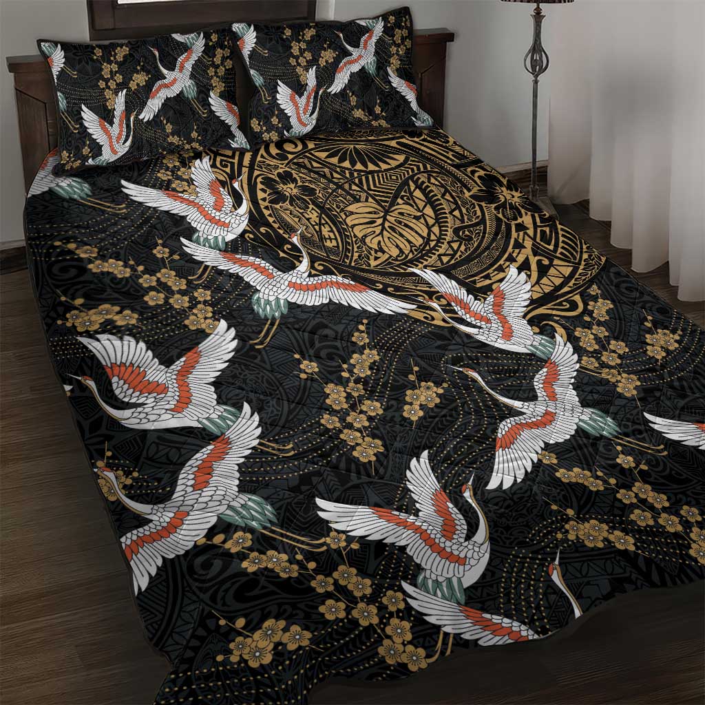 Hawaii and Japanese Together Quilt Bed Set Cranes Birds with Kakau Pattern