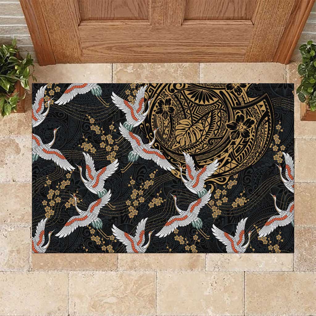 Hawaii and Japanese Together Rubber Doormat Cranes Birds with Kakau Pattern