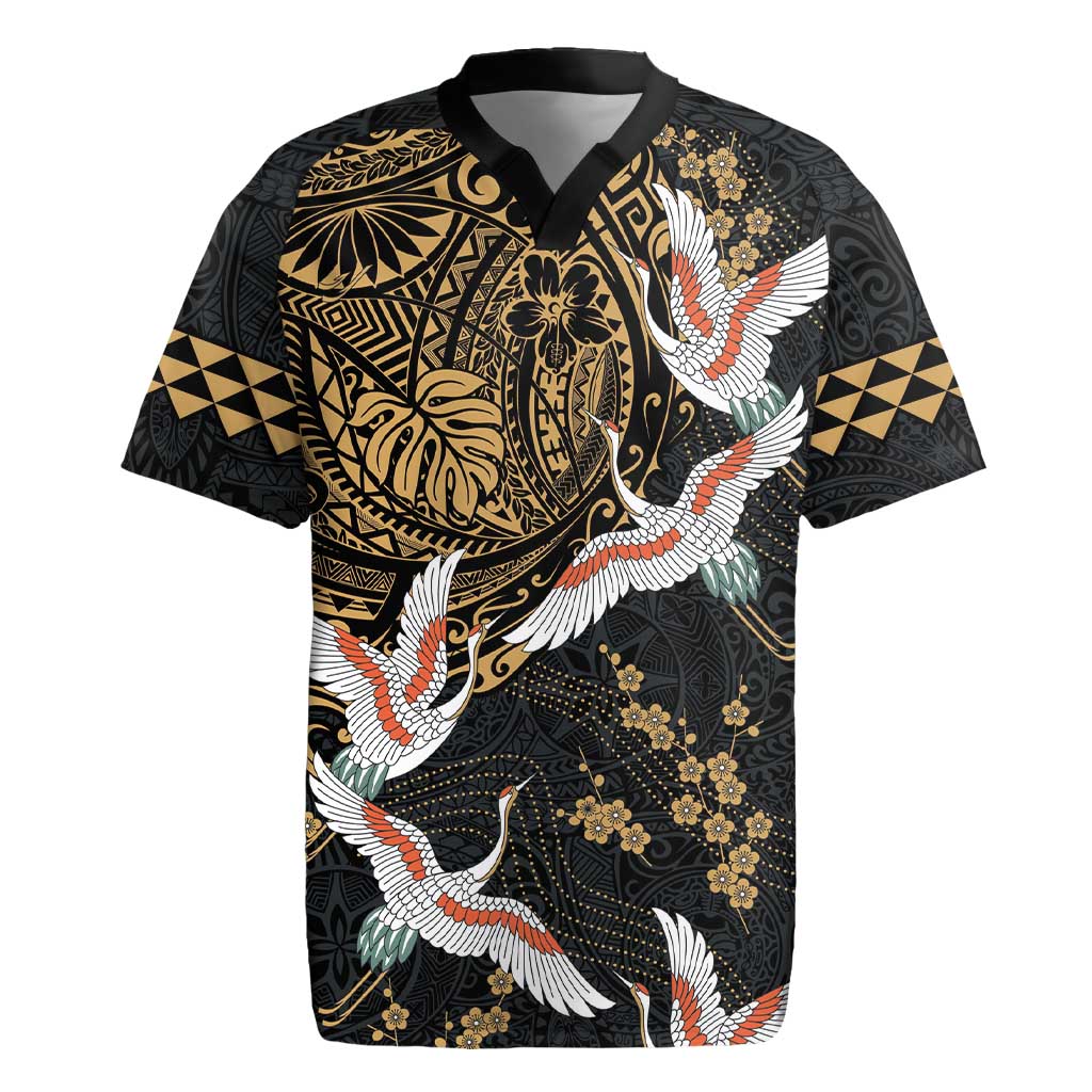 Hawaii and Japanese Together Rugby Jersey Cranes Birds with Kakau Pattern