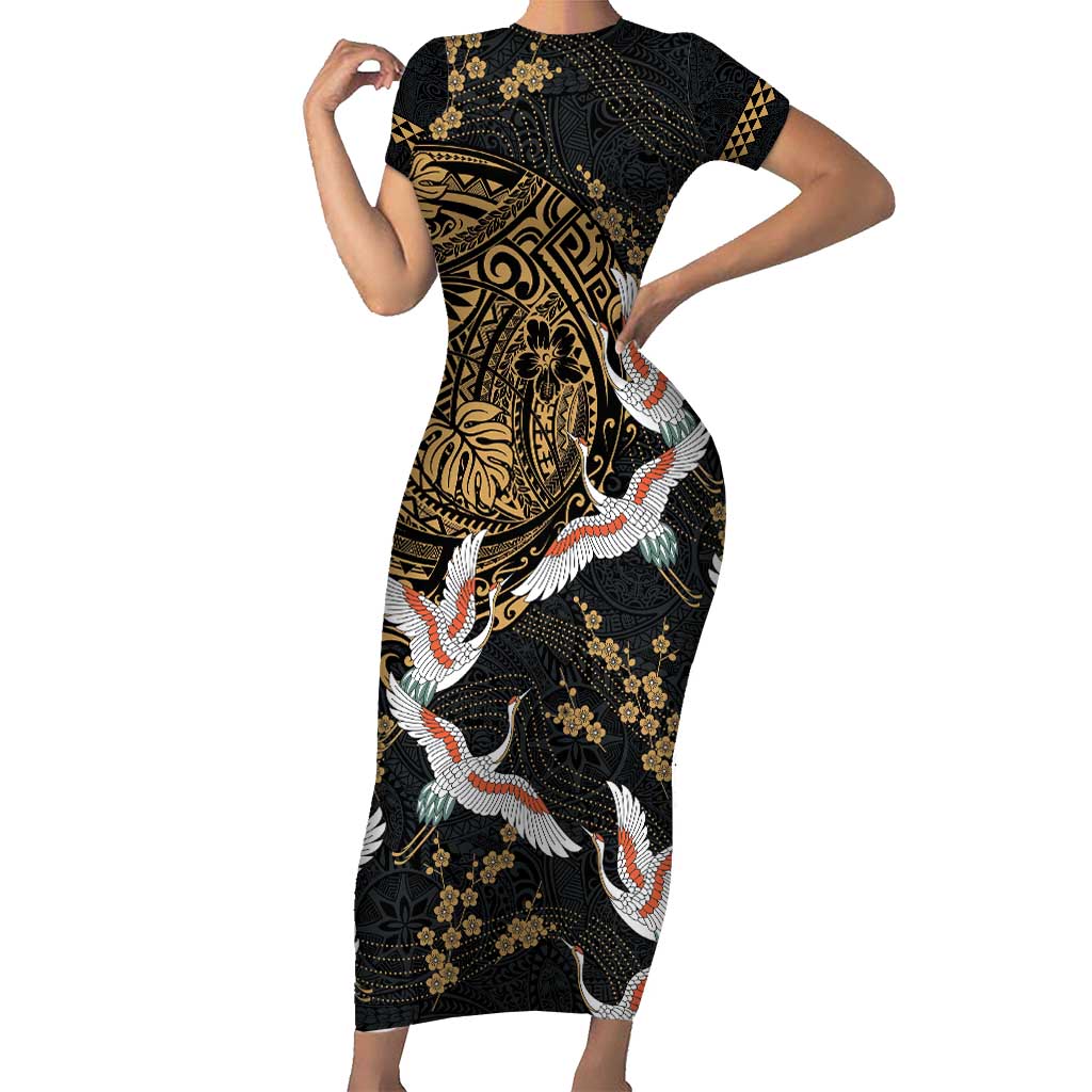 Hawaii and Japanese Together Short Sleeve Bodycon Dress Cranes Birds with Kakau Pattern