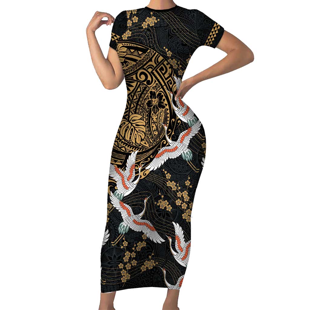 Hawaii and Japanese Together Short Sleeve Bodycon Dress Cranes Birds with Kakau Pattern LT03