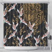 Hawaii and Japanese Together Shower Curtain Cranes Birds with Kakau Pattern