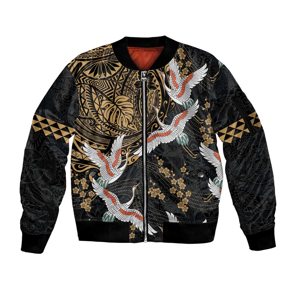 Hawaii and Japanese Together Sleeve Zip Bomber Jacket Cranes Birds with Kakau Pattern
