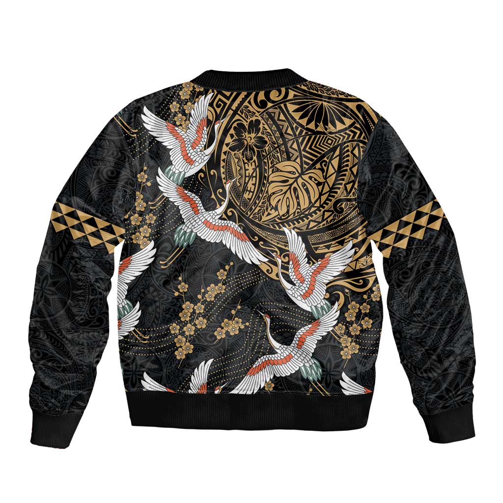 Hawaii and Japanese Together Sleeve Zip Bomber Jacket Cranes Birds with Kakau Pattern