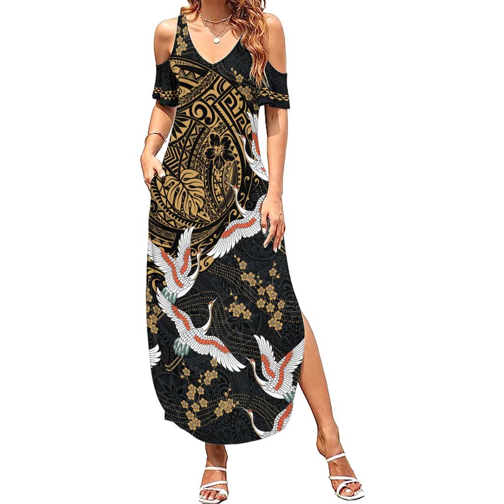 Hawaii and Japanese Together Summer Maxi Dress Cranes Birds with Kakau Pattern