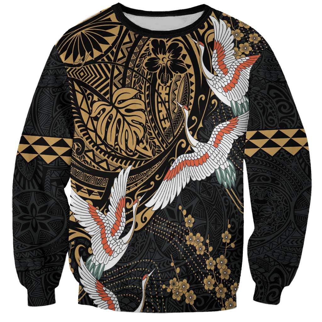Hawaii and Japanese Together Sweatshirt Cranes Birds with Kakau Pattern
