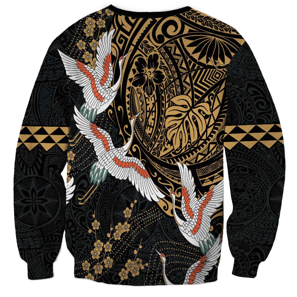 Hawaii and Japanese Together Sweatshirt Cranes Birds with Kakau Pattern