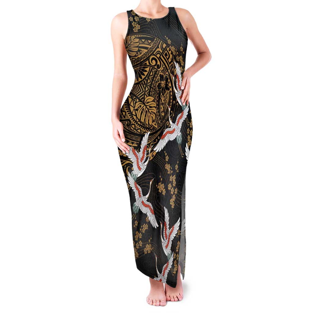 Hawaii and Japanese Together Tank Maxi Dress Cranes Birds with Kakau Pattern