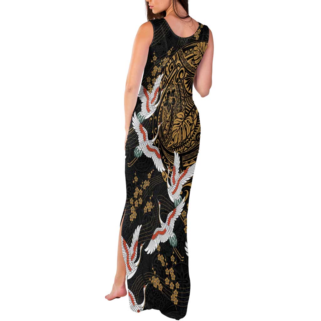 Hawaii and Japanese Together Tank Maxi Dress Cranes Birds with Kakau Pattern