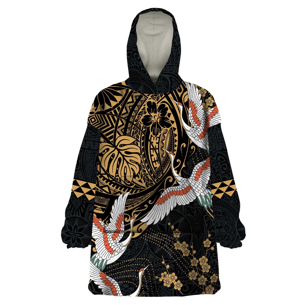 Hawaii and Japanese Together Wearable Blanket Hoodie Cranes Birds with Kakau Pattern