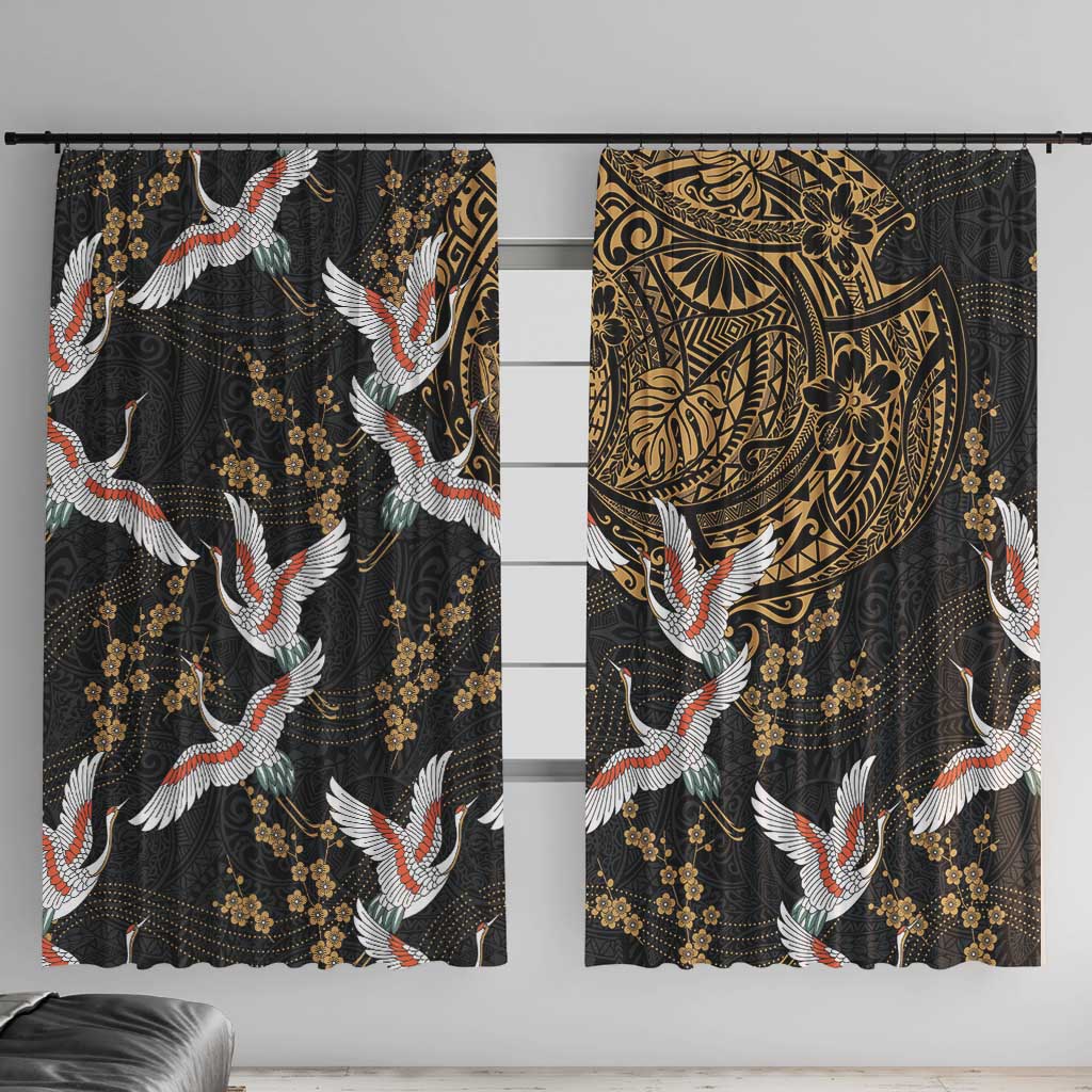 Hawaii and Japanese Together Window Curtain Cranes Birds with Kakau Pattern