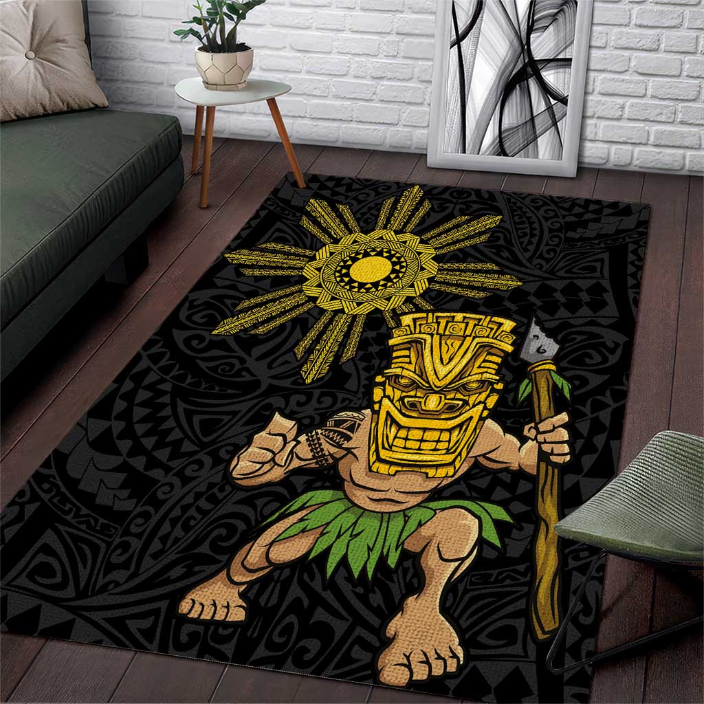 Hawaii and Philippines Together Area Rug Warrior Tiki Mask and Filipino Sun Polynesian Style