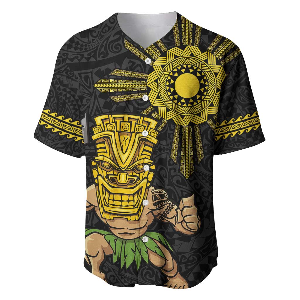 Hawaii and Philippines Together Baseball Jersey Warrior Tiki Mask and Filipino Sun Polynesian Style