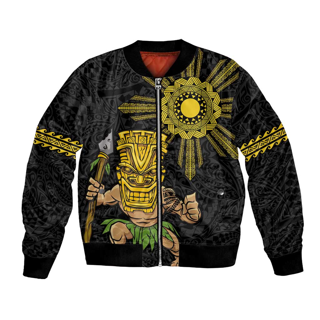Hawaii and Philippines Together Bomber Jacket Warrior Tiki Mask and Filipino Sun Polynesian Style
