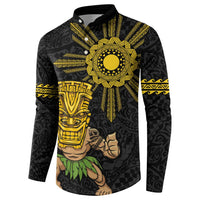 Hawaii and Philippines Together Button Sweatshirt Warrior Tiki Mask and Filipino Sun Polynesian Style