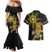 Hawaii and Philippines Together Couples Matching Mermaid Dress and Hawaiian Shirt Warrior Tiki Mask and Filipino Sun Polynesian Style