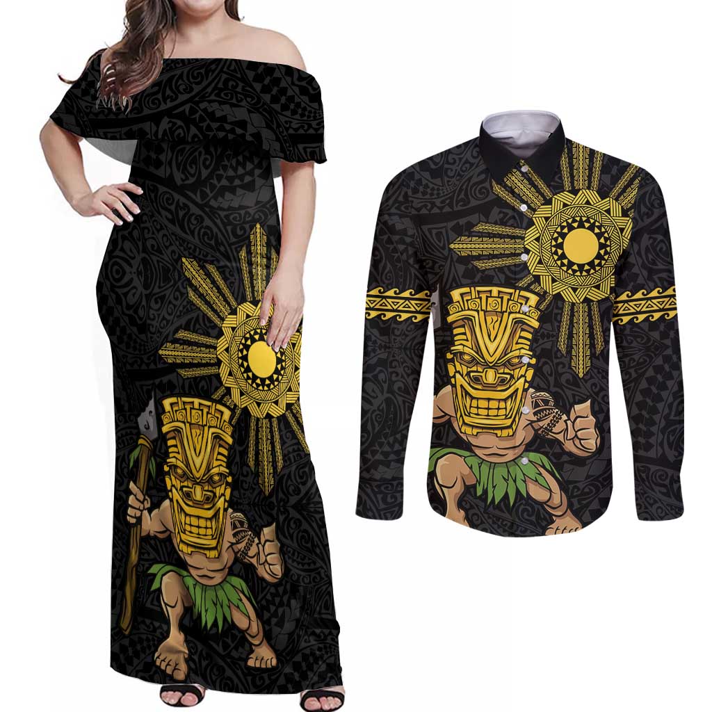 Hawaii and Philippines Together Couples Matching Off Shoulder Maxi Dress and Long Sleeve Button Shirt Warrior Tiki Mask and Filipino Sun Polynesian Style