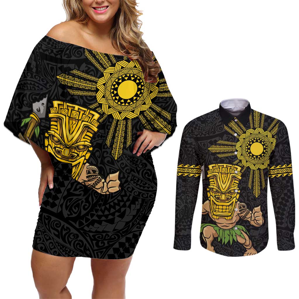 Hawaii and Philippines Together Couples Matching Off Shoulder Short Dress and Long Sleeve Button Shirt Warrior Tiki Mask and Filipino Sun Polynesian Style