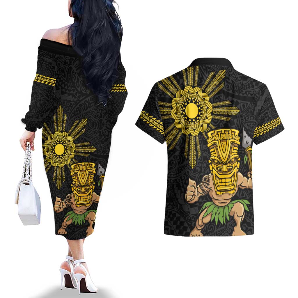 Hawaii and Philippines Together Couples Matching Off The Shoulder Long Sleeve Dress and Hawaiian Shirt Warrior Tiki Mask and Filipino Sun Polynesian Style
