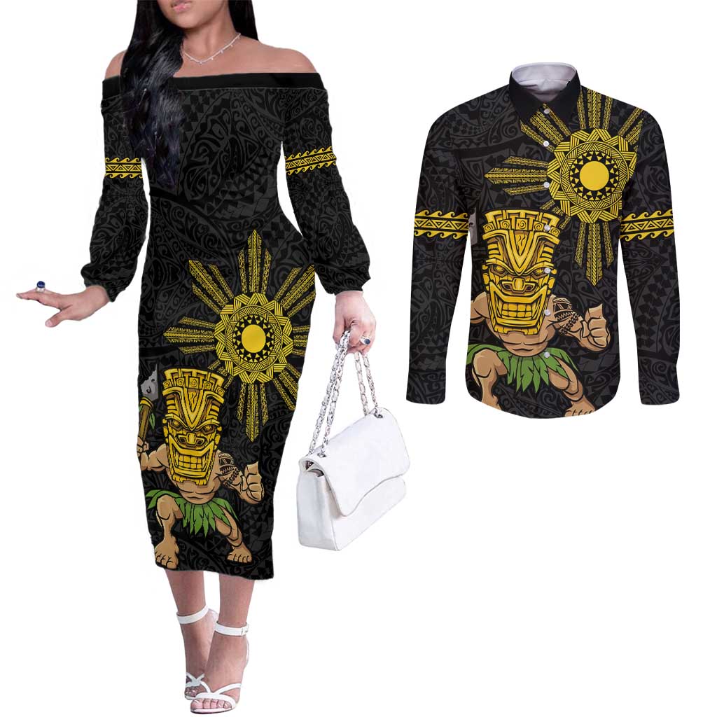 Hawaii and Philippines Together Couples Matching Off The Shoulder Long Sleeve Dress and Long Sleeve Button Shirt Warrior Tiki Mask and Filipino Sun Polynesian Style