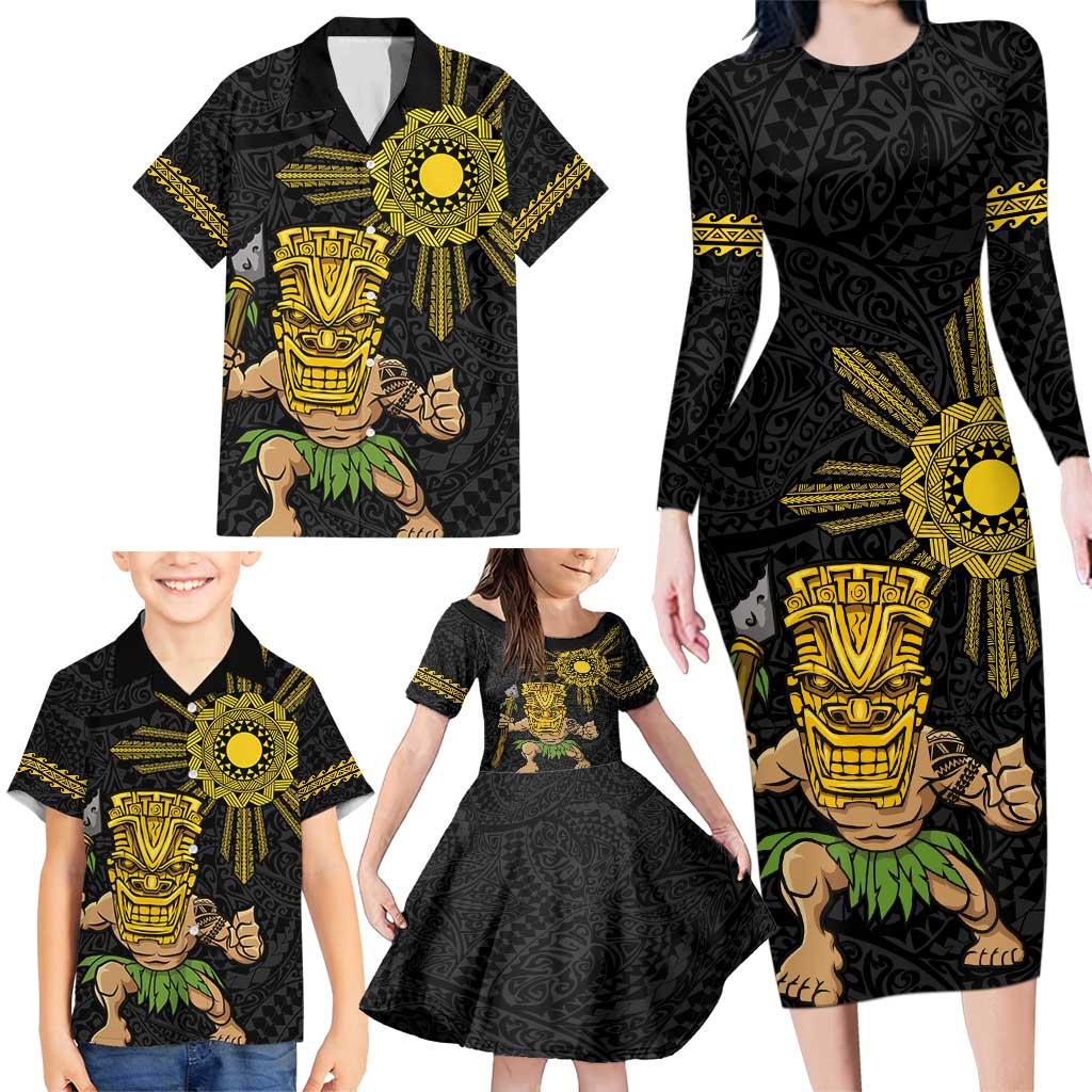 Hawaii and Philippines Together Family Matching Long Sleeve Bodycon Dress and Hawaiian Shirt Warrior Tiki Mask and Filipino Sun Polynesian Style