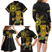 Hawaii and Philippines Together Family Matching Long Sleeve Bodycon Dress and Hawaiian Shirt Warrior Tiki Mask and Filipino Sun Polynesian Style
