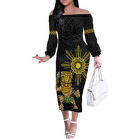 Hawaii and Philippines Together Family Matching Off The Shoulder Long Sleeve Dress and Hawaiian Shirt Warrior Tiki Mask and Filipino Sun Polynesian Style