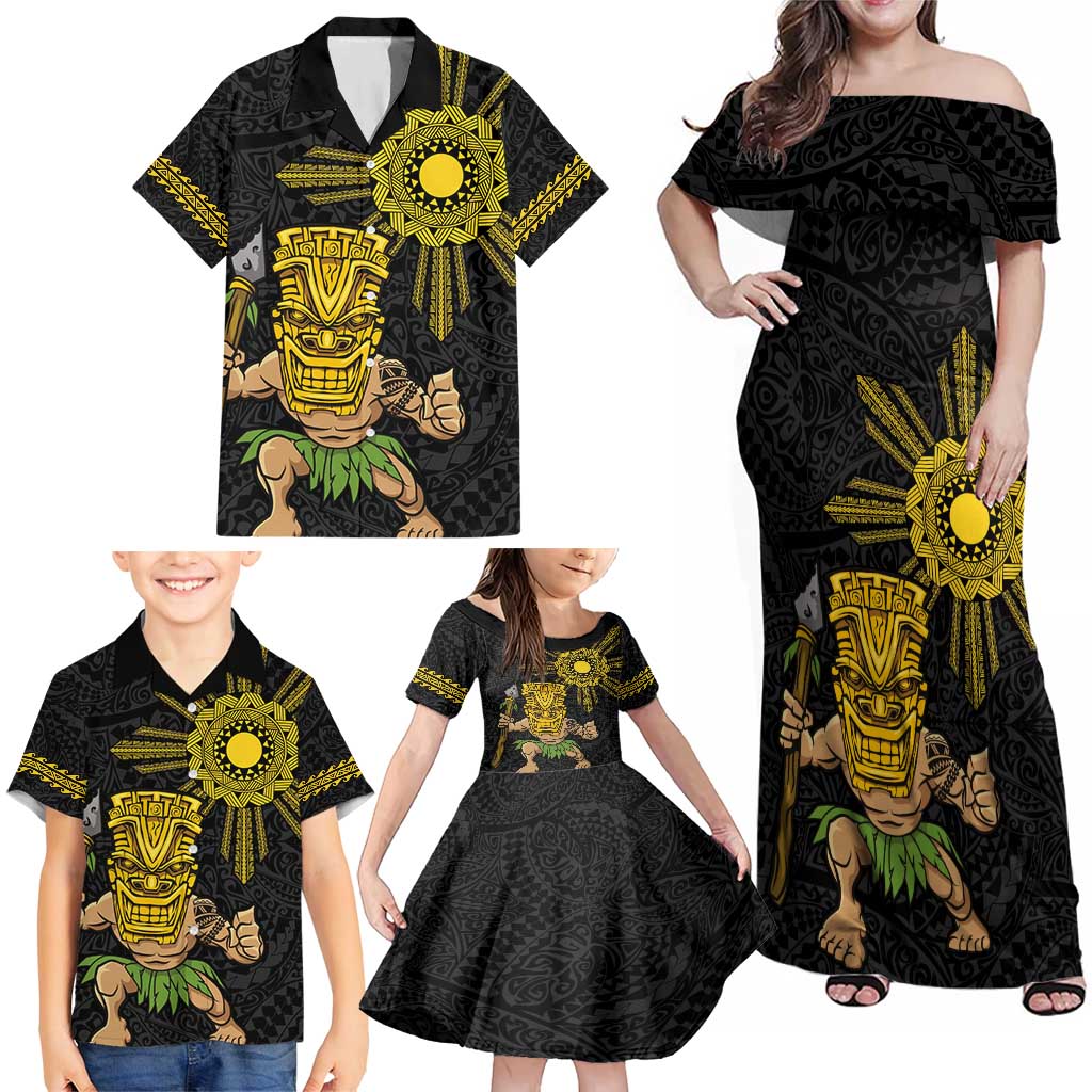 Hawaii and Philippines Together Family Matching Off Shoulder Maxi Dress and Hawaiian Shirt Warrior Tiki Mask and Filipino Sun Polynesian Style