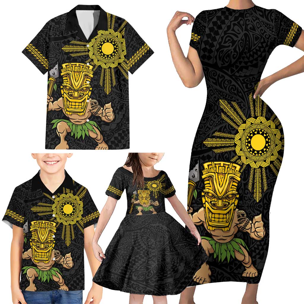 Hawaii and Philippines Together Family Matching Short Sleeve Bodycon Dress and Hawaiian Shirt Warrior Tiki Mask and Filipino Sun Polynesian Style