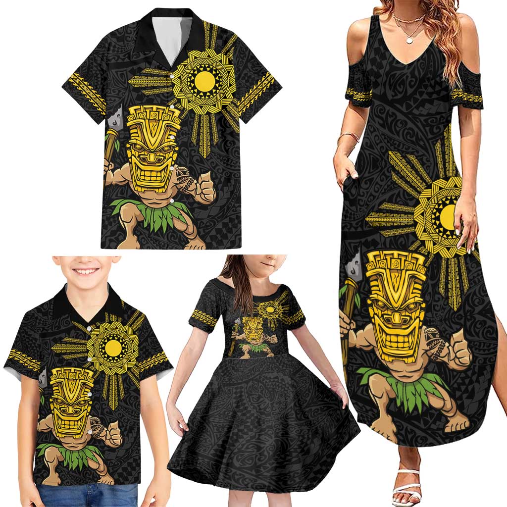 Hawaii and Philippines Together Family Matching Summer Maxi Dress and Hawaiian Shirt Warrior Tiki Mask and Filipino Sun Polynesian Style