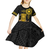 Hawaii and Philippines Together Kid Short Sleeve Dress Warrior Tiki Mask and Filipino Sun Polynesian Style