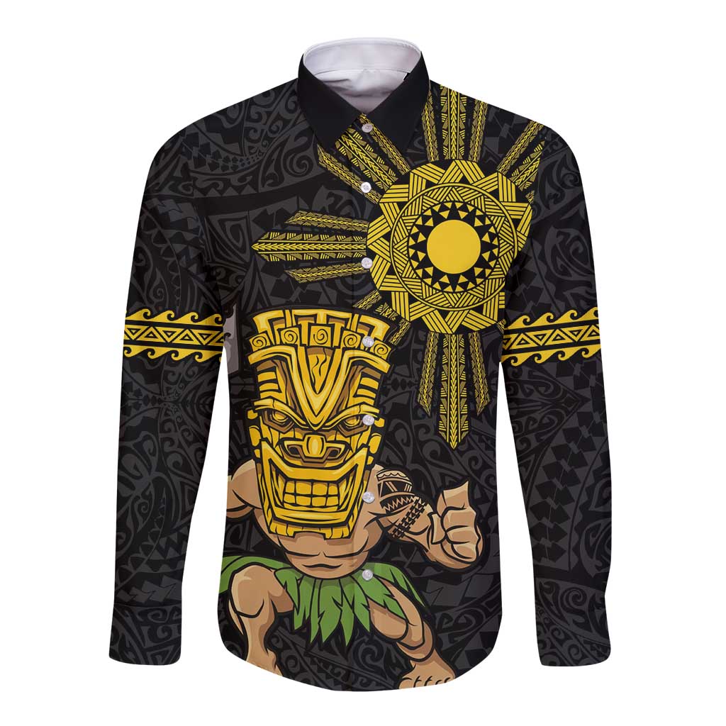 Hawaii and Philippines Together Long Sleeve Button Shirt Warrior Tiki Mask and Filipino Sun Polynesian Style