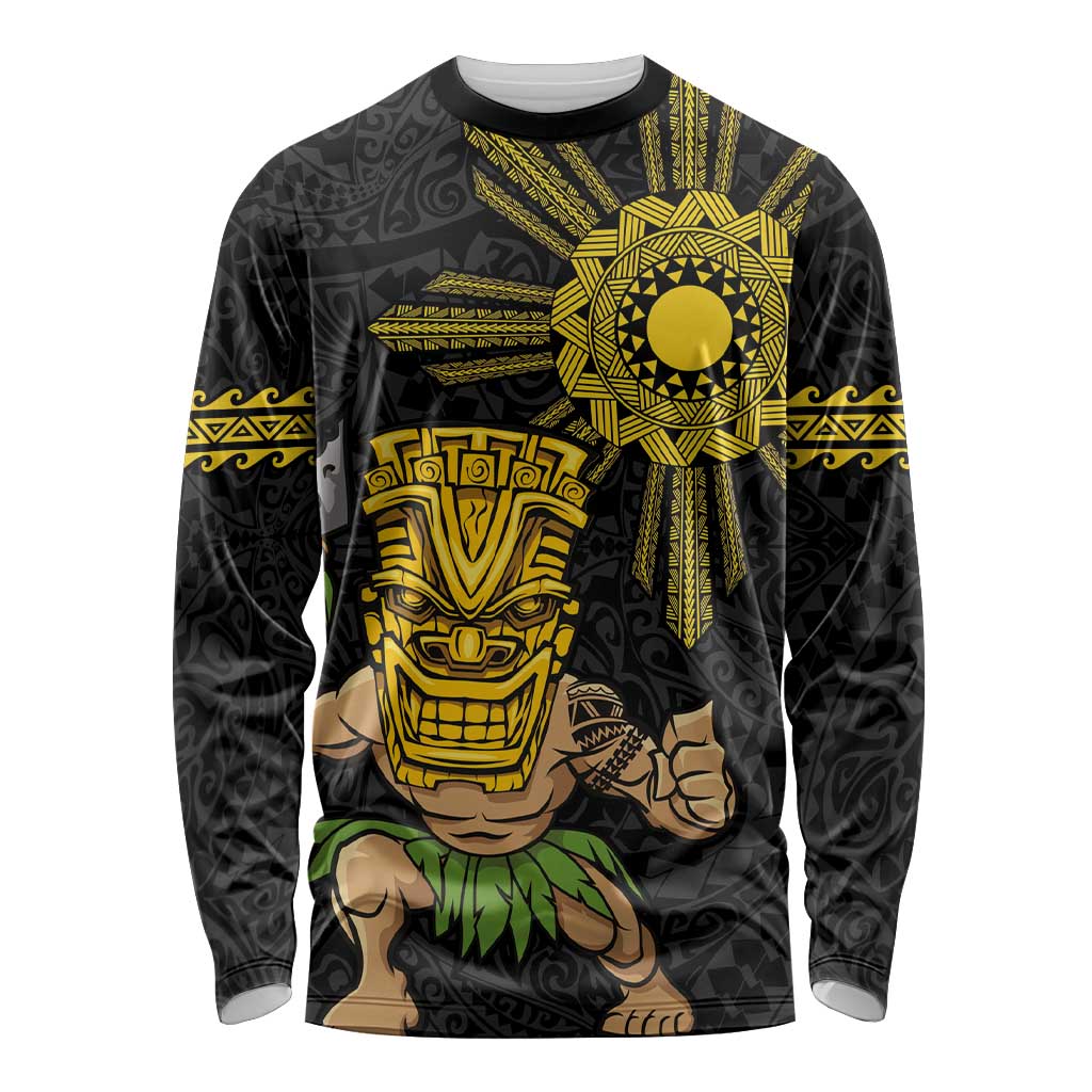 Hawaii and Philippines Together Long Sleeve Shirt Warrior Tiki Mask and Filipino Sun Polynesian Style