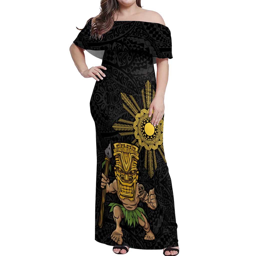 Hawaii and Philippines Together Off Shoulder Maxi Dress Warrior Tiki Mask and Filipino Sun Polynesian Style