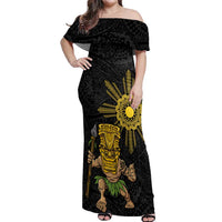 Hawaii and Philippines Together Off Shoulder Maxi Dress Warrior Tiki Mask and Filipino Sun Polynesian Style