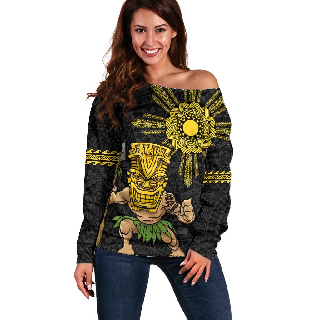 Hawaii and Philippines Together Off Shoulder Sweater Warrior Tiki Mask and Filipino Sun Polynesian Style