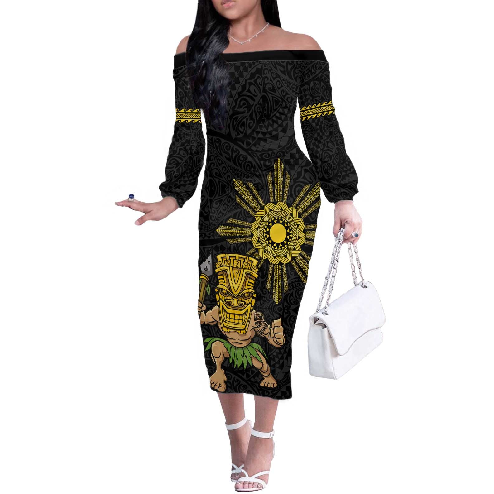 Hawaii and Philippines Together Off The Shoulder Long Sleeve Dress Warrior Tiki Mask and Filipino Sun Polynesian Style