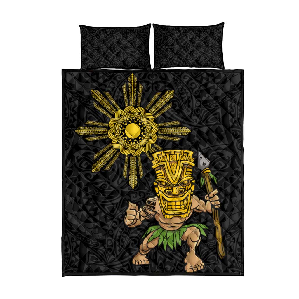 Hawaii and Philippines Together Quilt Bed Set Warrior Tiki Mask and Filipino Sun Polynesian Style