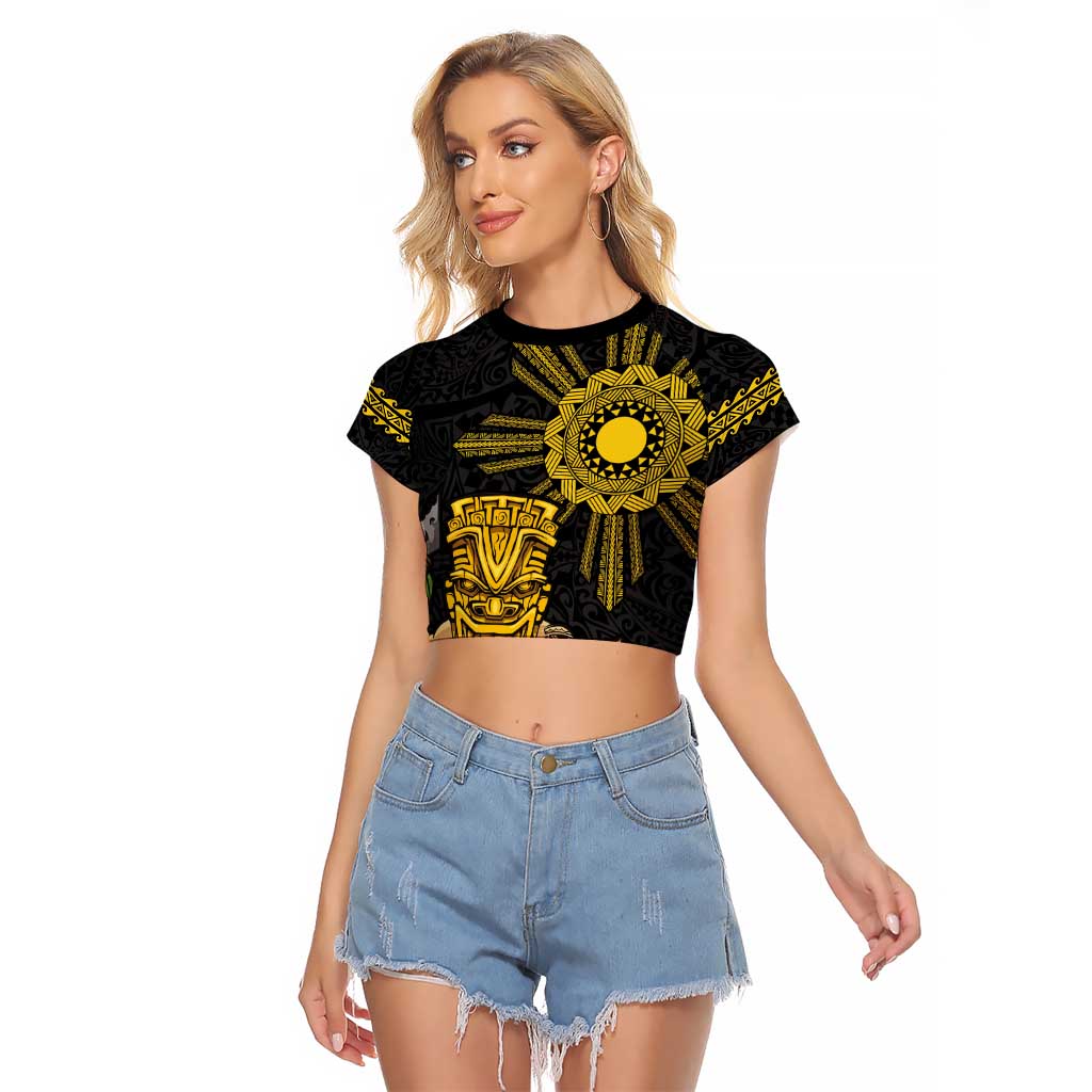 Hawaii and Philippines Together Raglan Cropped T Shirt Warrior Tiki Mask and Filipino Sun Polynesian Style