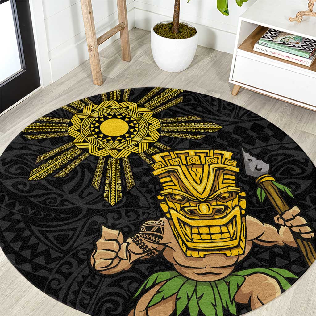Hawaii and Philippines Together Round Carpet Warrior Tiki Mask and Filipino Sun Polynesian Style