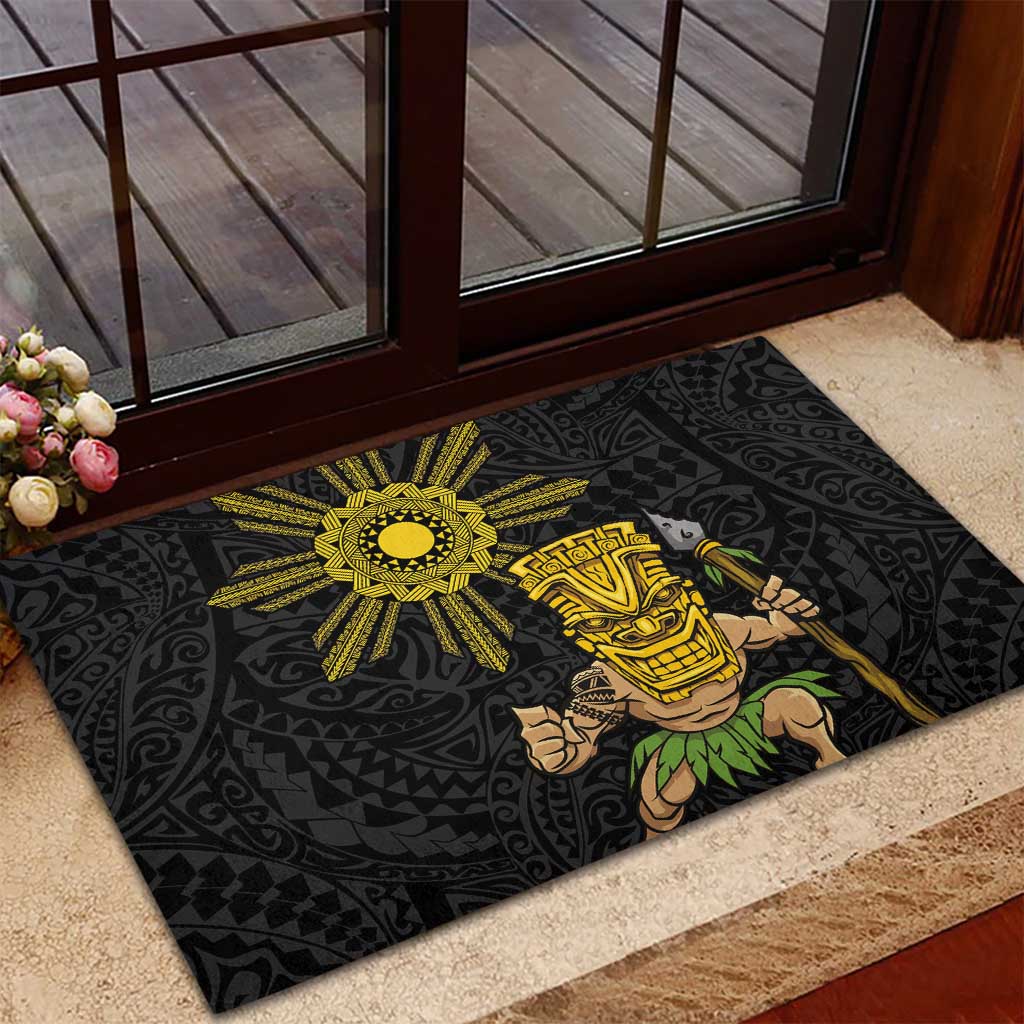 Hawaii and Philippines Together Rubber Doormat Warrior Tiki Mask and Filipino Sun Polynesian Style