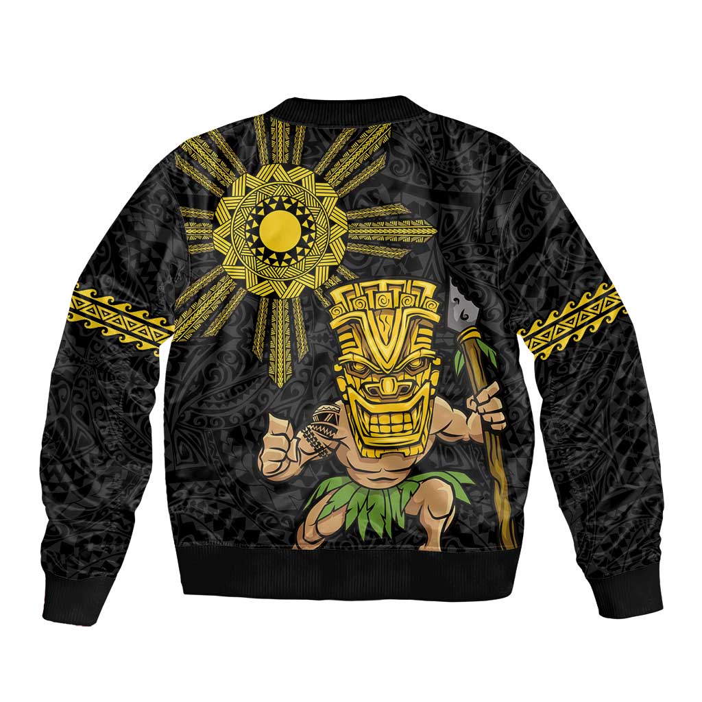 Hawaii and Philippines Together Sleeve Zip Bomber Jacket Warrior Tiki Mask and Filipino Sun Polynesian Style
