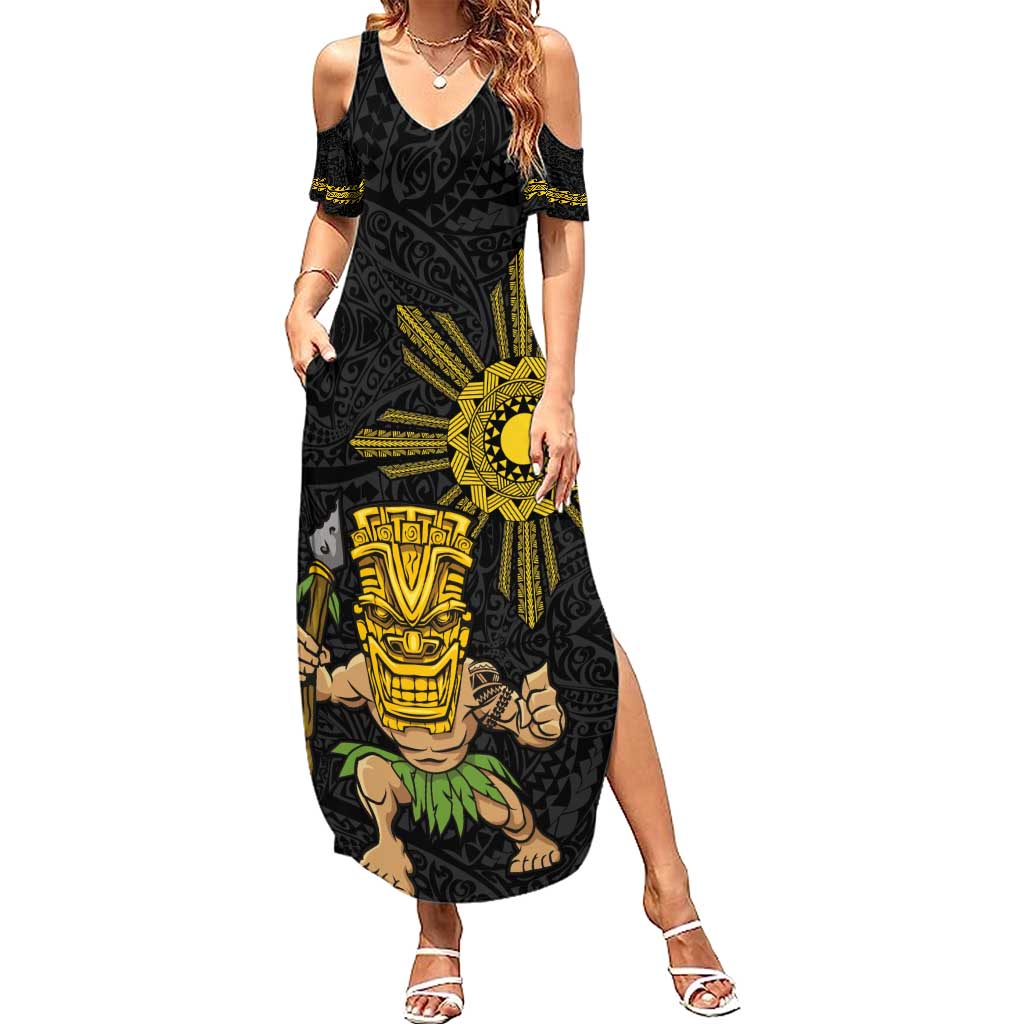 Hawaii and Philippines Together Summer Maxi Dress Warrior Tiki Mask and Filipino Sun Polynesian Style