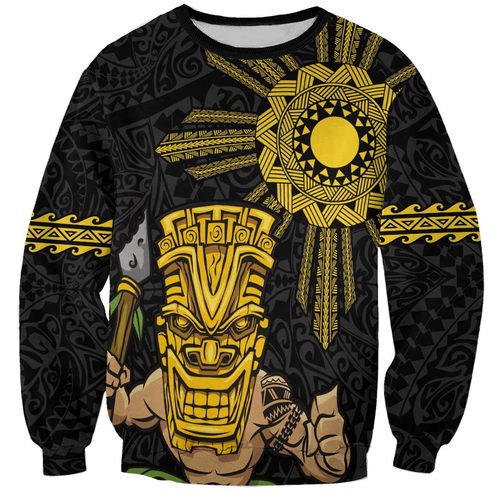Hawaii and Philippines Together Sweatshirt Warrior Tiki Mask and Filipino Sun Polynesian Style