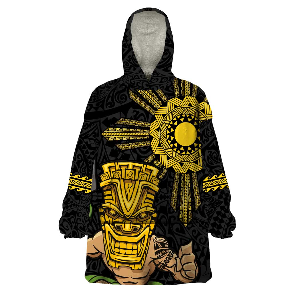 Hawaii and Philippines Together Wearable Blanket Hoodie Warrior Tiki Mask and Filipino Sun Polynesian Style