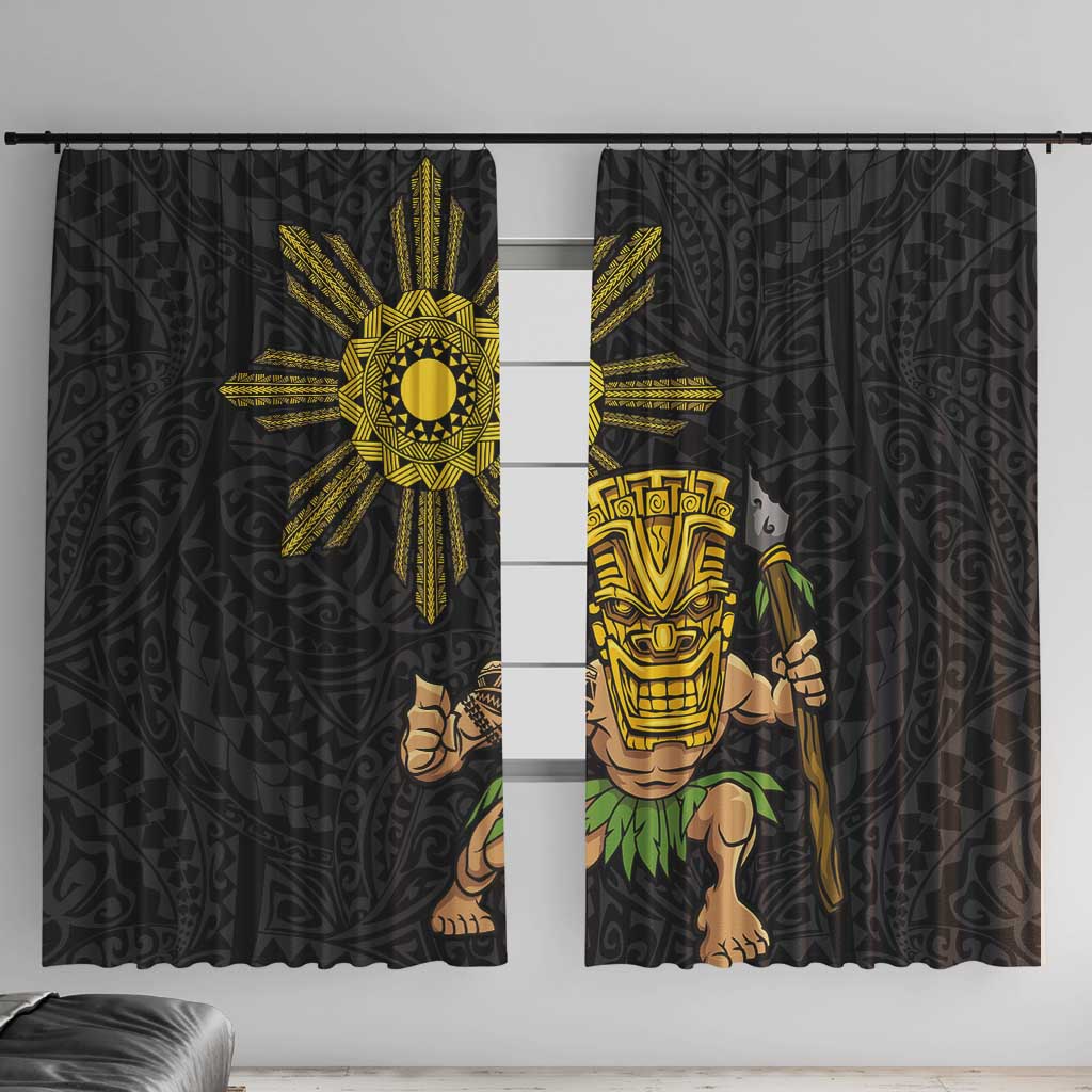 Hawaii and Philippines Together Window Curtain Warrior Tiki Mask and Filipino Sun Polynesian Style