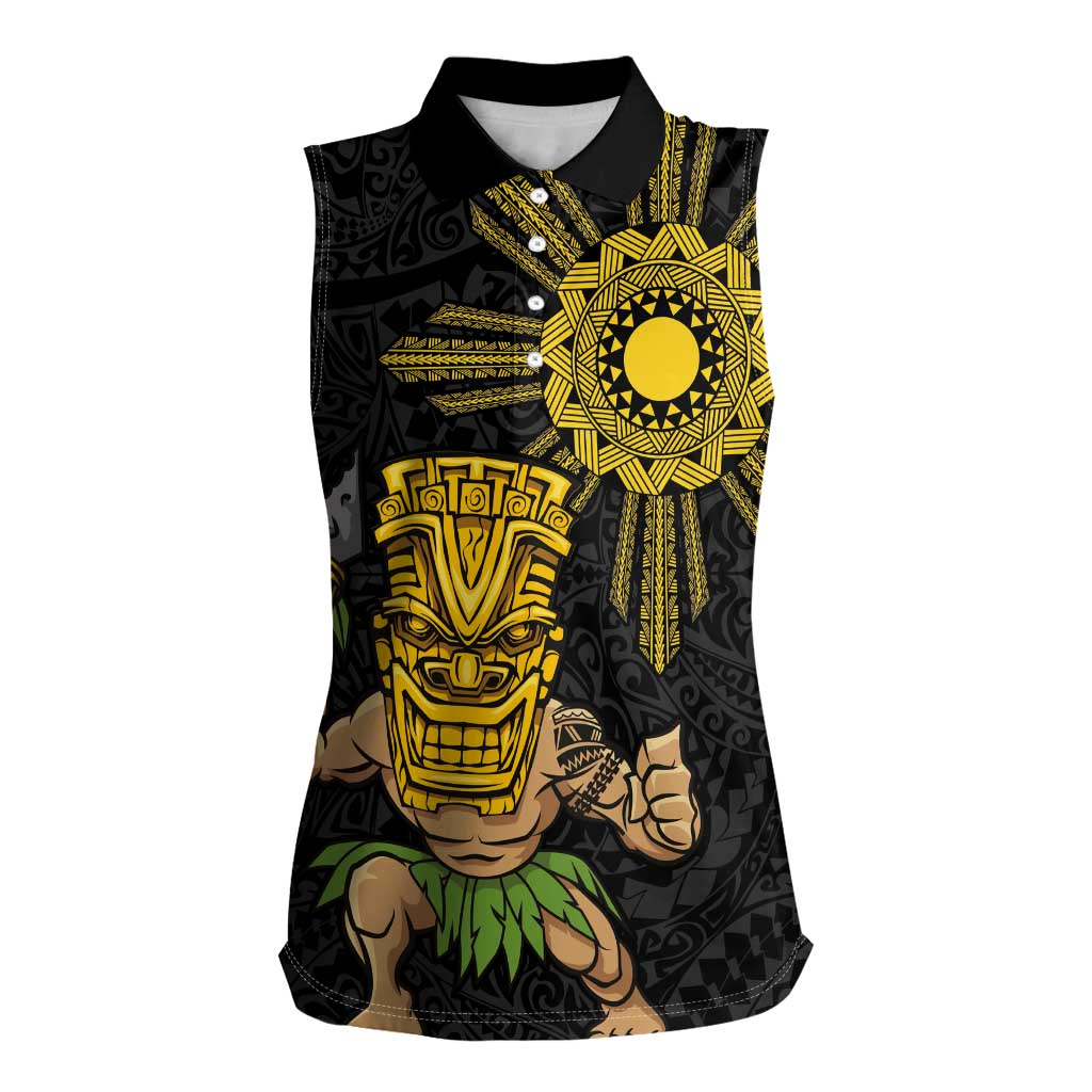 Hawaii and Philippines Together Women Sleeveless Polo Shirt Warrior Tiki Mask and Filipino Sun Polynesian Style