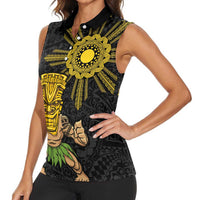 Hawaii and Philippines Together Women Sleeveless Polo Shirt Warrior Tiki Mask and Filipino Sun Polynesian Style